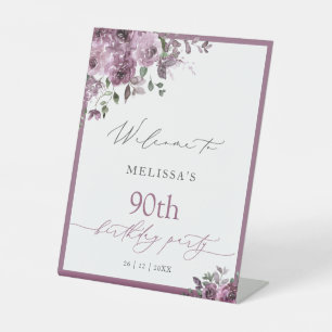Modern Purple Roses Any Age Birthday Welcome Pedestal Sign