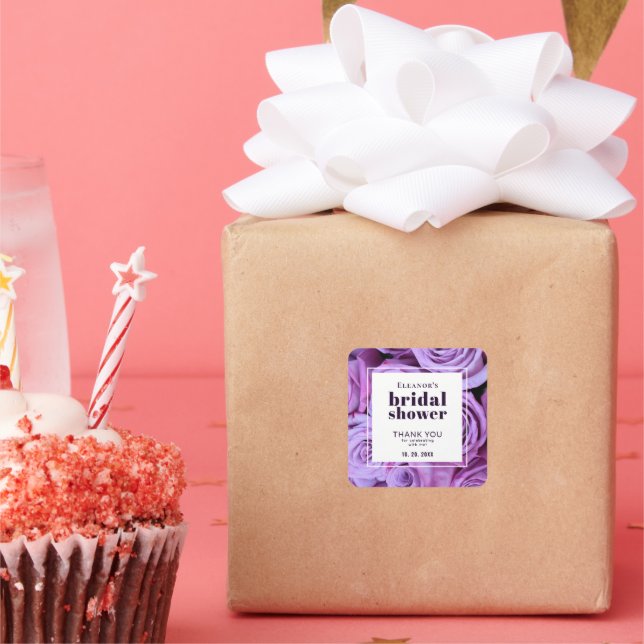 Modern Purple Roses Bridal Shower Thank You Favour Square Sticker (Party)