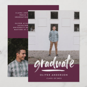 Modern purple script 3 photo stylish graduation invitation