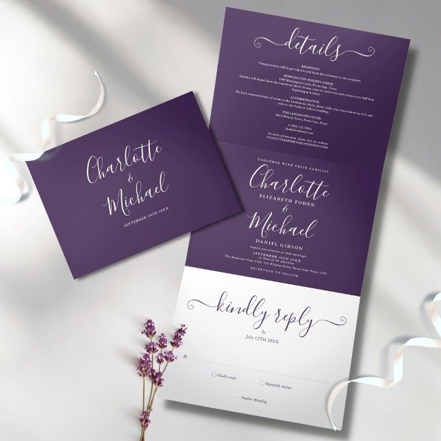 Modern Purple Script Minimalist Photo Wedding Tri-Fold Invitation (Creator Uploaded)