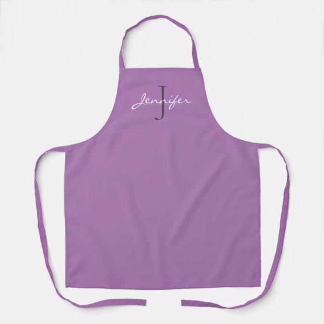 Modern Purple Script Monogram Name Personalized Apron (Front)