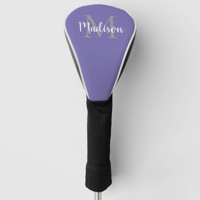 Modern Purple Script Name Personalized Monogram Golf Head Cover (Front)