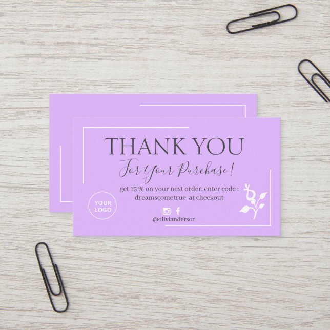Modern Purple script order thank you business  Card (Front/Back In Situ)