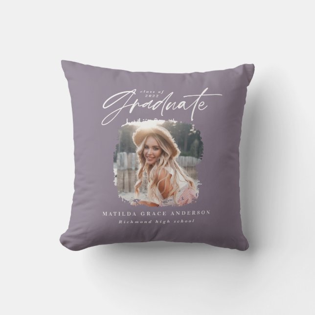 Modern purple script photo elegant graduation throw pillow (Front)