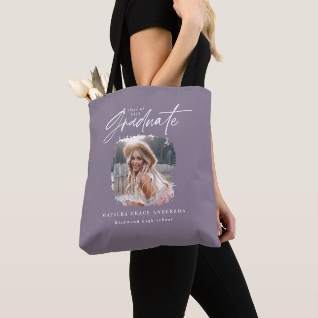 Modern purple script photo elegant graduation tote bag (Close Up)