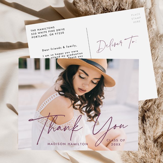 Modern Purple Script Photo Graduation Thank You Postcard (Creator Uploaded)