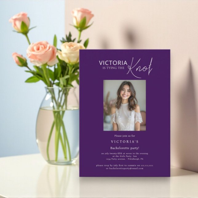 Modern Purple Script 'Tying The Knot' Bachelorette Invitation (Creator Uploaded)