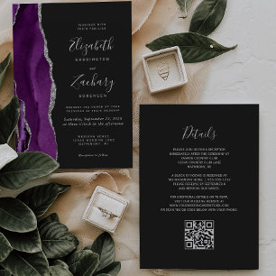 Modern Purple Silver Agate Dark QR Code Wedding Invitation