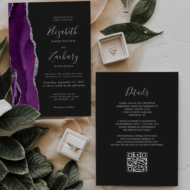 Modern Purple Silver Agate Dark QR Code Wedding Invitation (Creator Uploaded)