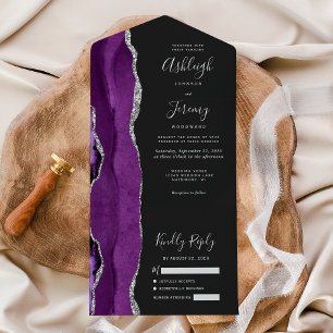 Modern Purple Silver Agate Dark Wedding All In One Invitation