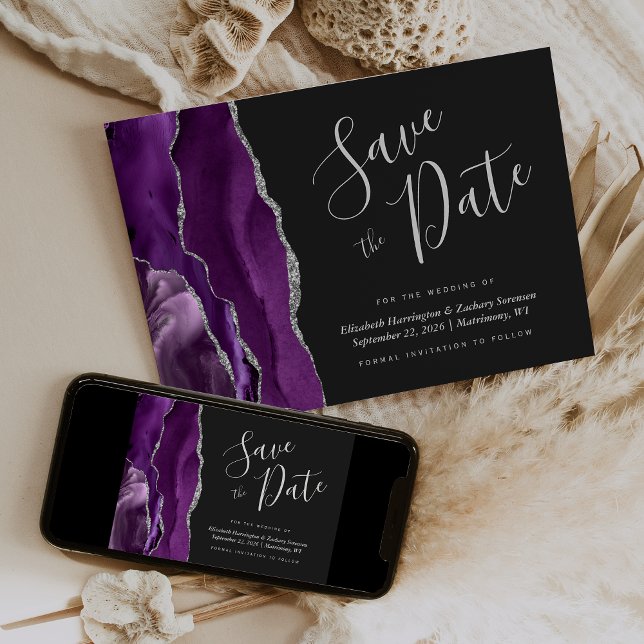 Modern Purple Silver Agate Save the Date Card (Creator Uploaded)