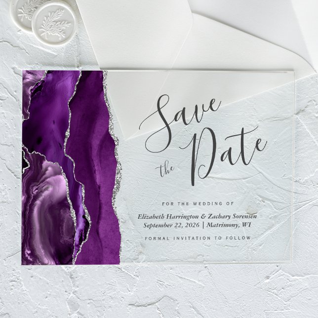 Modern Purple Silver Agate Save the Date Card Acrylic Invitations (Creator Uploaded)