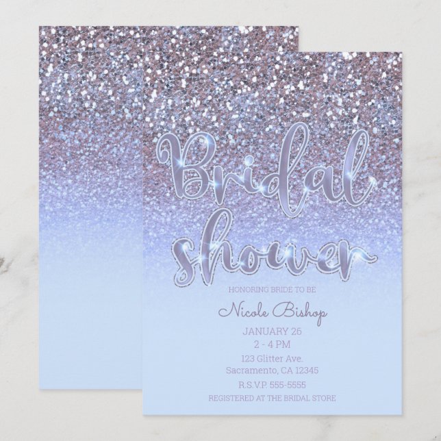 Modern Purple Silver Glam Glitter Bridal Shower Invitation (Front/Back)
