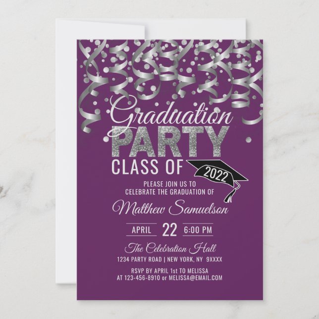Modern Purple Silver Glitter GRADUATION Party Invi Invitation (Front)