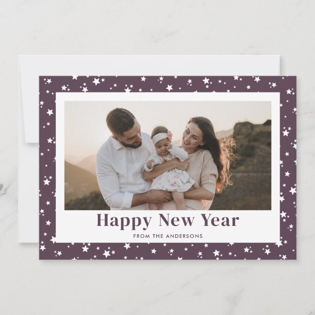 Modern Purple Stars Photo Happy New Year Card (Front)