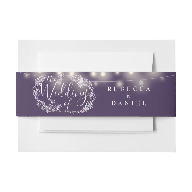 Modern Purple String Lights Floral Wedding Invitation Belly Band (Front Example)