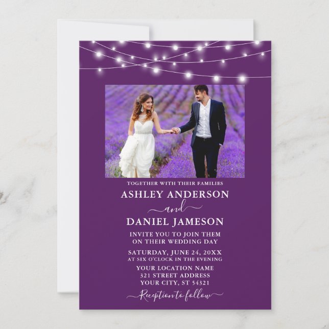 Modern Purple String Lights Photo Wedding Invitation (Front)