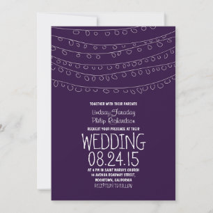 modern purple string of lights wedding invitations