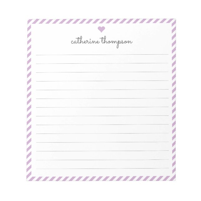 Modern Purple Stripe Feminine Script Heart Name Notepad (Front)
