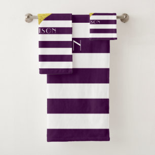 Modern Purple Stripes Pattern Name Bath Towel Set