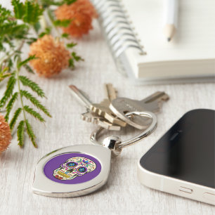 Modern Purple Sugar Skull Metal Keychain