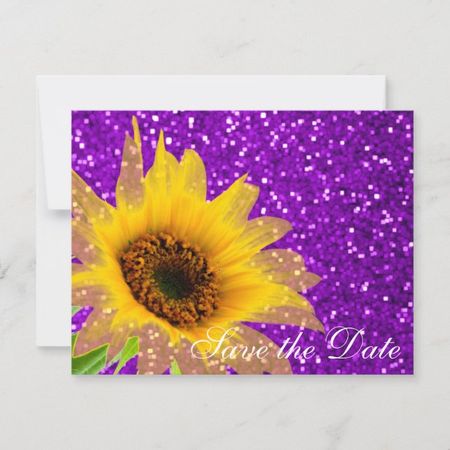 Modern Purple Sunflower Floral Wedding Glitter Save The Date (Front)