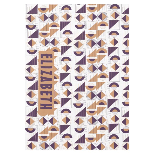 Modern Purple & Tan Geometric Art Custom Name Tablecloth (Front)