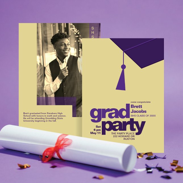 Modern Purple Typography Grad Party Photo Invitation (Creator Uploaded)