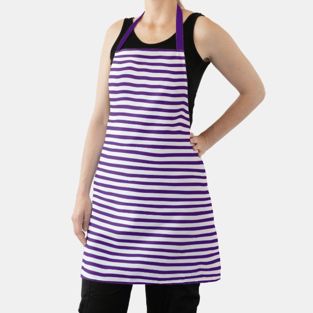 Modern purple violet and white stripes pattern apron (Insitu)