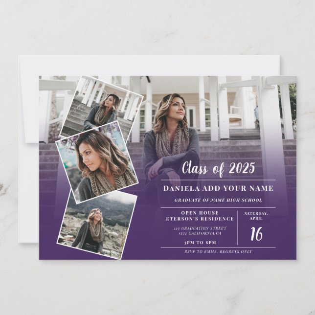 Modern purple violet minimalist photo graduation invitation (Front)