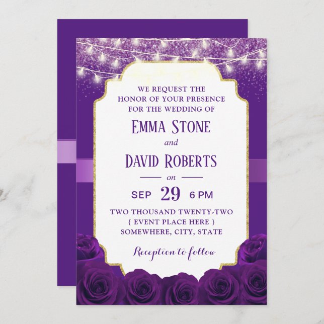 Modern Purple Violet Rose Flowers Elegant Wedding Invitation (Front/Back)