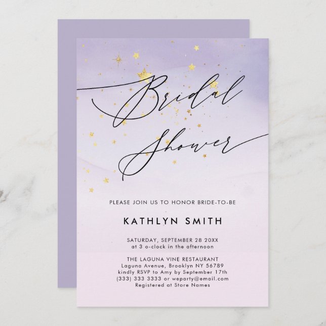 Modern Purple Watercolor Calligraphy Bridal Shower Invitation (Front/Back)