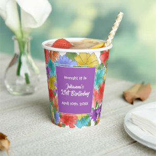 Modern Purple Watercolor Floral 21st Birthday Paper Cups