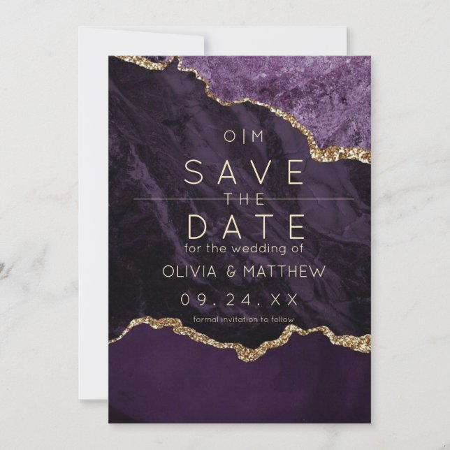 Modern Purple Wedding  Gold Glitter Agate Wedding  Invitation (Front)