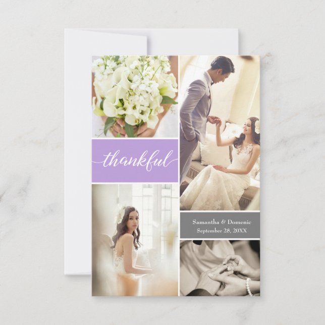 Modern Purple Wedding Photo Thankful Script Thank You Card (Front)