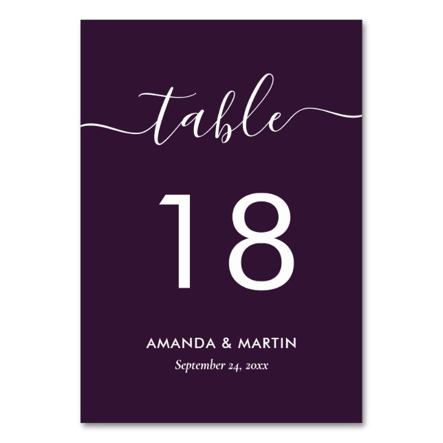 Modern Purple Wedding Table Number Card (Front)