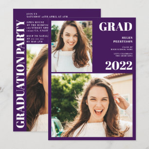 Modern purple white 3 photos graduation invitation