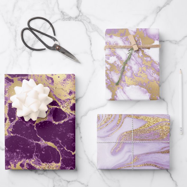 Modern Purple, White and Gold Marble Pattern Wrapping Paper Sheet (Front)