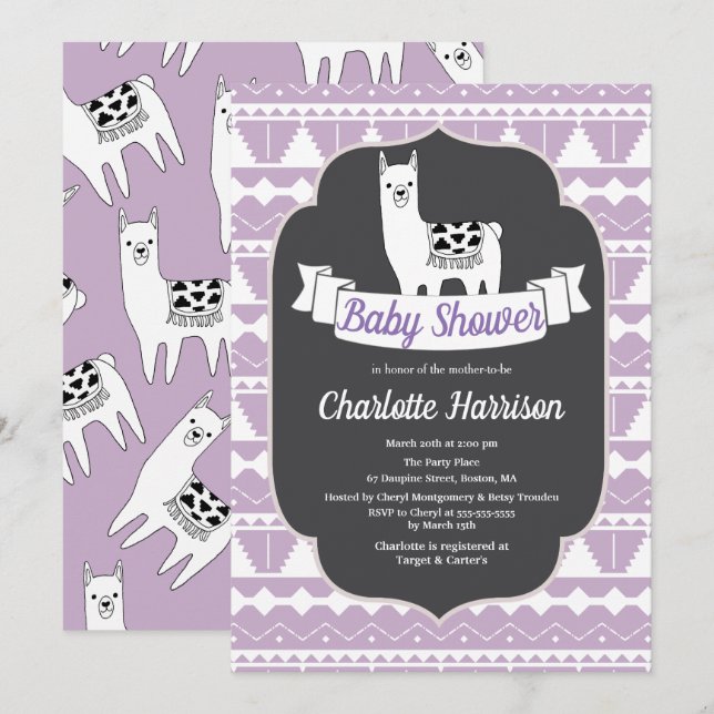 Modern Purple & White Aztec Llamas Baby Shower Invitation (Front/Back)