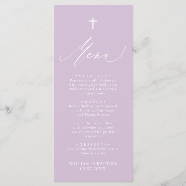 Modern Purple White Cross Girl Baptism Menu Card (Front)