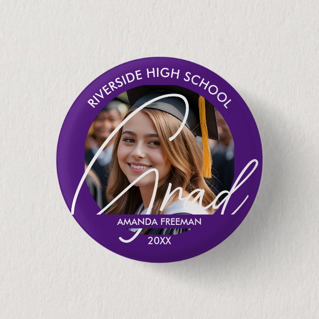 Modern Purple & White Customized Graduate Photo 1 Inch Round Button (Front)