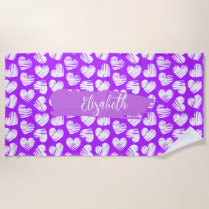 Modern Purple White Doodled Heart Valentine Name Beach Towel