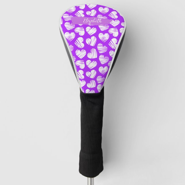 Modern Purple White Doodled Heart Valentine Name Golf Head Cover (Front)