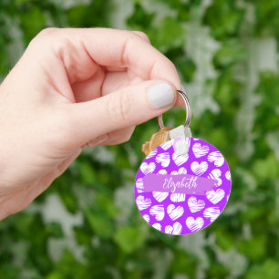 Modern Purple White Doodled Heart Valentine Name Keychain