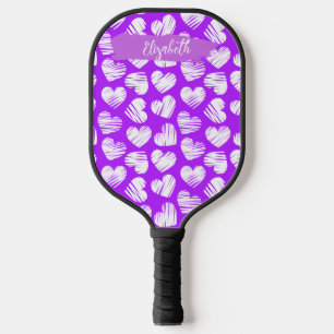 Modern Purple White Doodled Heart Valentine Name Pickleball Paddle