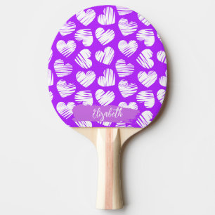 Modern Purple White Doodled Heart Valentine Name Ping Pong Paddle