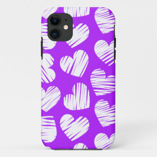 Modern Purple White Doodled Heart Valentine's Day iPhone 11 Case