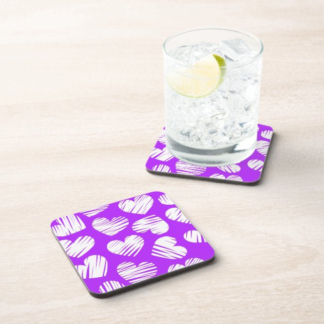 Modern Purple White Doodled Heart Valentine's Day Coaster (Right Side)