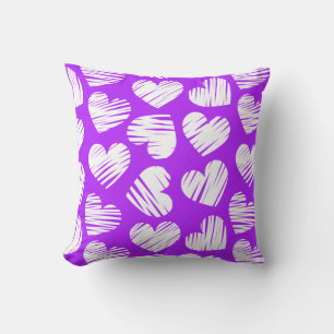 Modern Purple White Doodled Heart Valentine's Day Throw Pillow