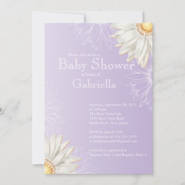 Modern Purple & White Gerbera Daisy Baby Shower Invitation (Front)